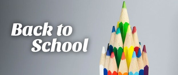 Back to School. A tree of colored pencils sits in the background.